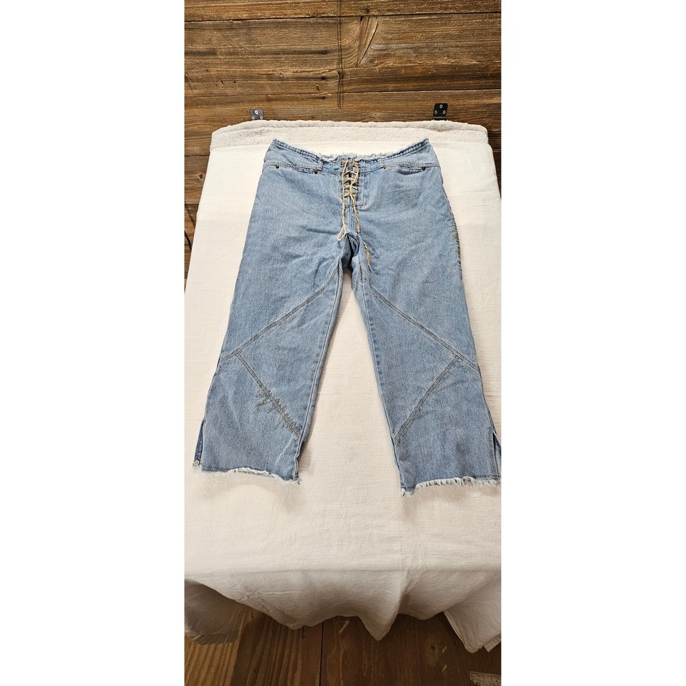 Baccini Women Lace Up Front Wide Leg Jeans Light Wash Frayed Waist ZigZag Stitch